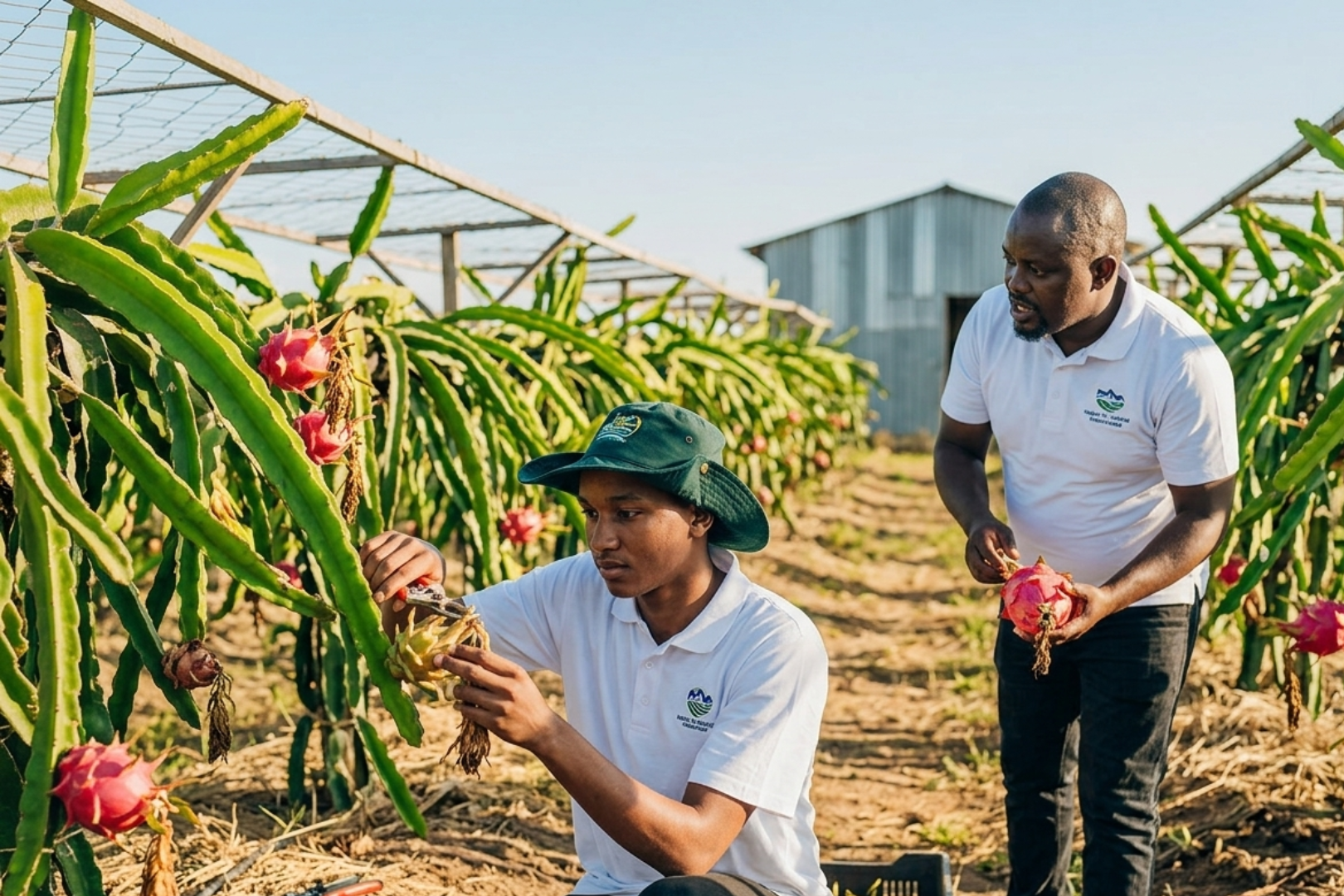 two men are observing dragon fruit
