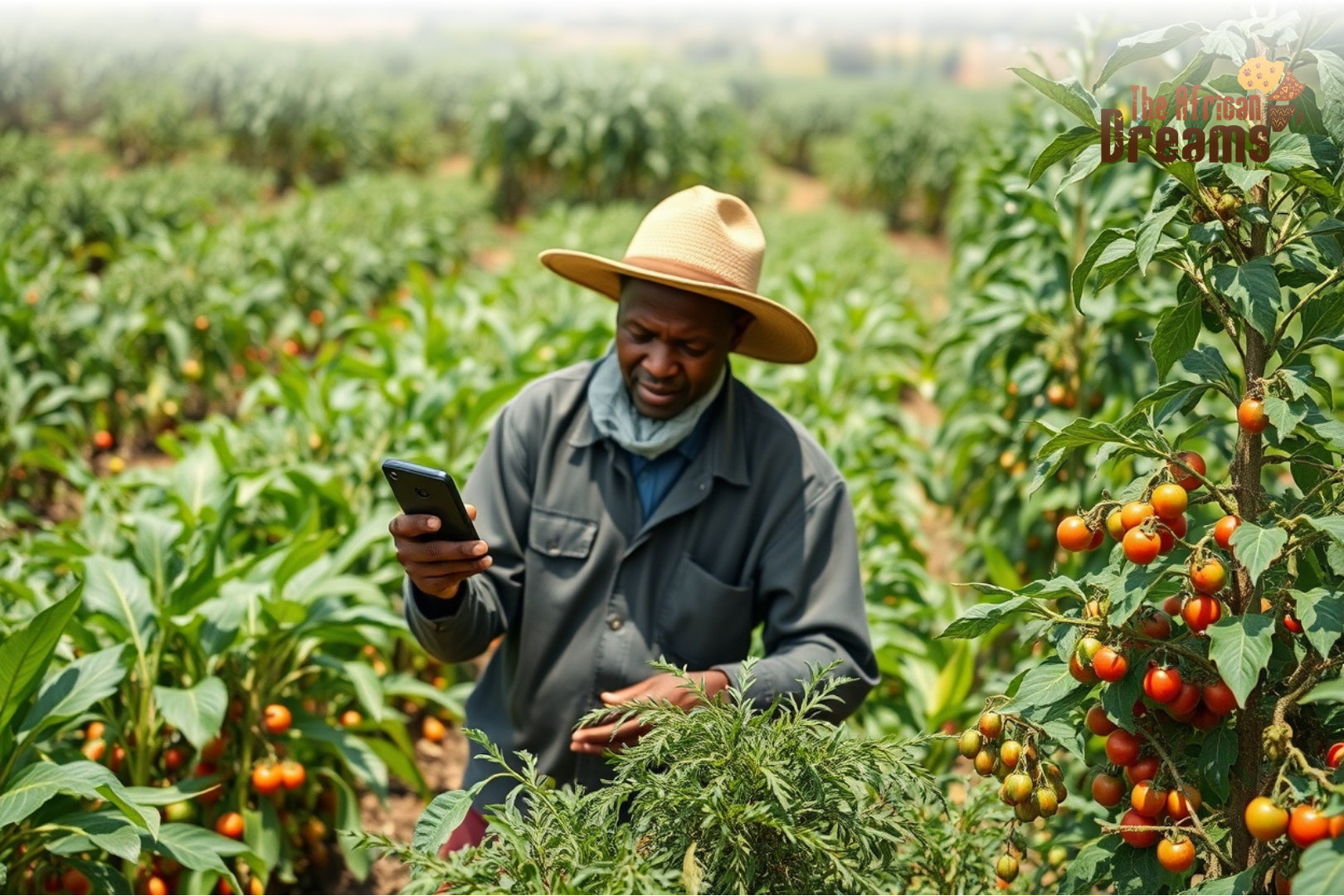 uganda-agtech-farmer-smartphone-innovation Ugandan farmer using a smartphone app in a green field, representing agricultural technology and innovation improving farming productivity