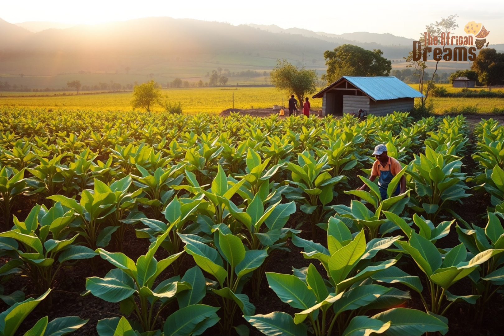 Smallholder farmer in rural Uganda harvesting coffee and food crops with family in a green agricultural landscape.