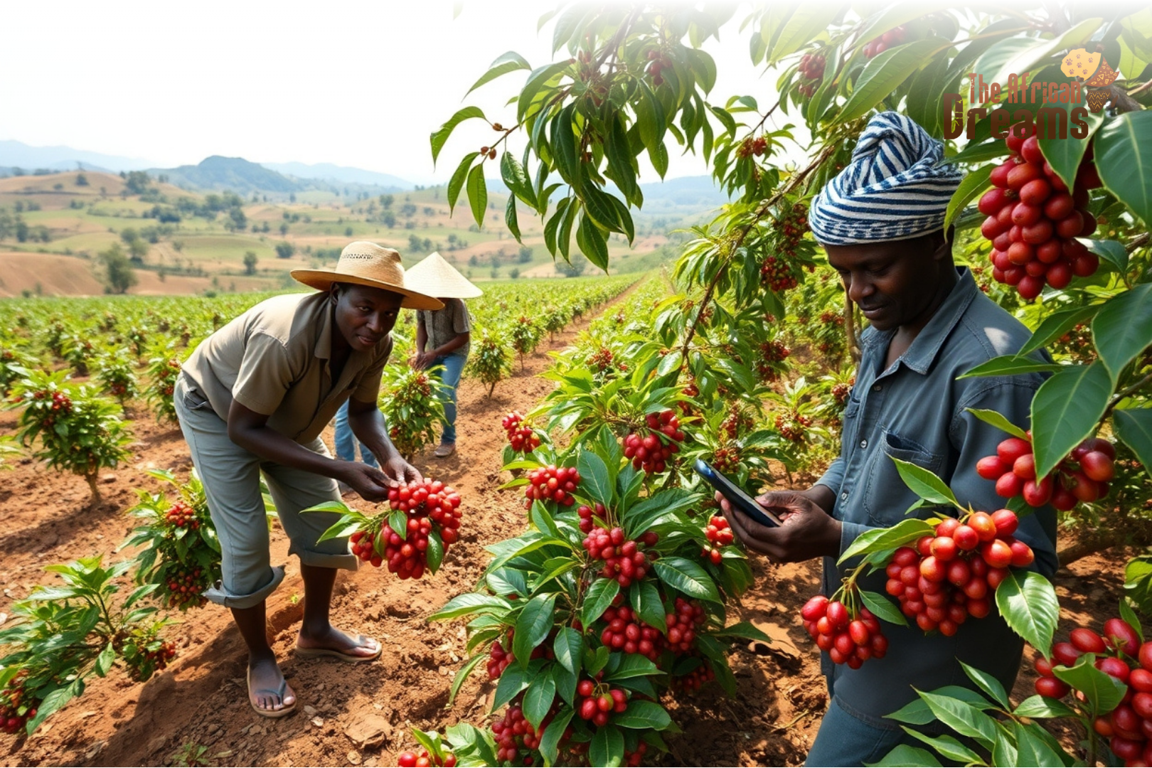 uganda-coffee-modern-farming-realistic Smallholder farmers in Uganda harvesting coffee cherries using modern farming techniques with irrigation and mobile technology in a lush green plantation