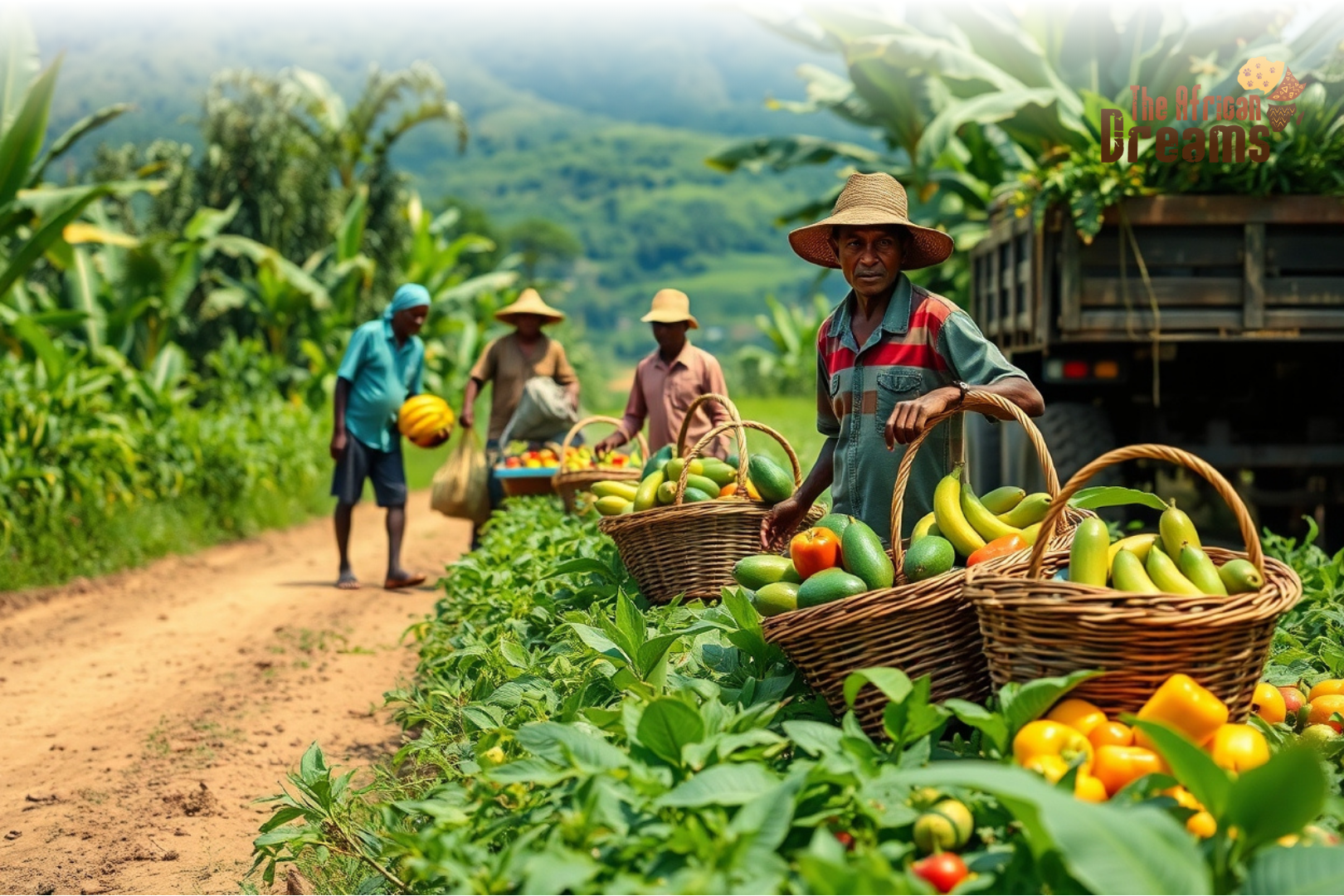 uganda-fresh-produce-export-farming Smallholder farmers in Uganda harvesting fresh fruits and vegetables with produce being prepared for export in a rural agricultural setting
