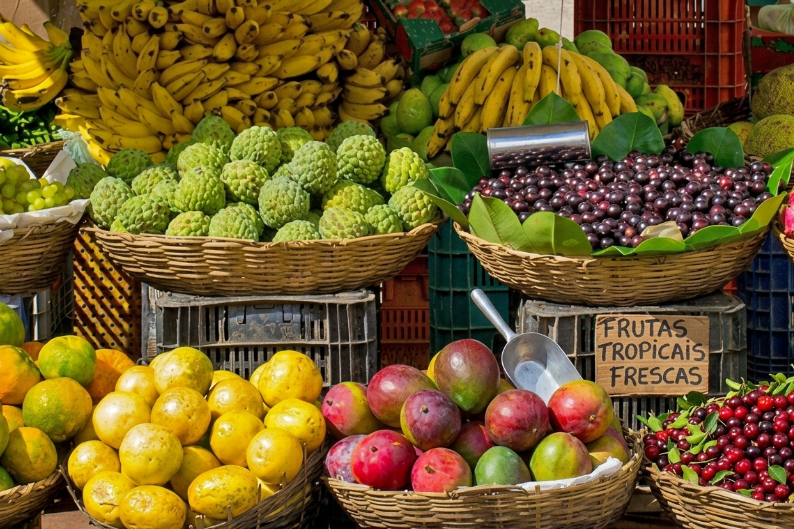 A high-resolution, realistic close-up of a bustling tropical fruit market stall. Woven wicker baskets overflow with a variety of fresh produce, including bright yellow passion fruit, deep red mangoes, green custard apples, and dark purple jabuticaba berries. In the background, large bunches of yellow bananas and crates of citrus fruits are stacked, creating a dense and colorful arrangement. A small cardboard sign with the handwritten Portuguese text "FRUTAS TROPICAIS FRESCAS" is visible among the baskets.