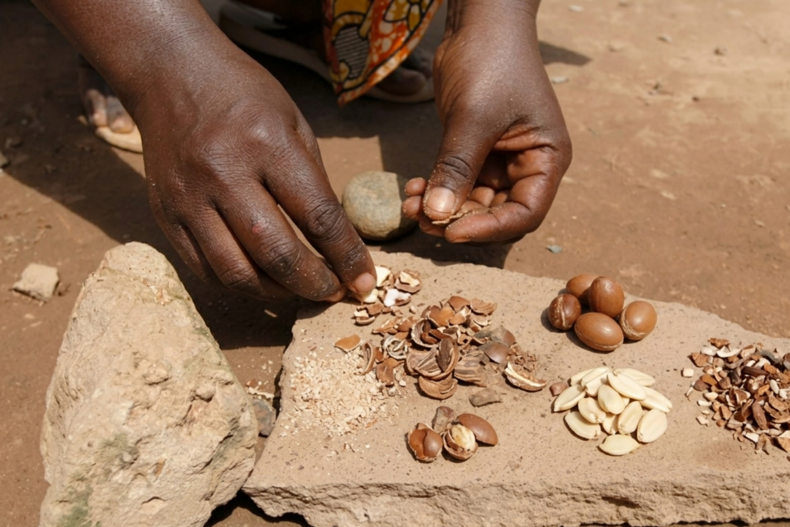 A close-up photograph of a woman's hands sorting argan nuts and their shells on a flat stone. In the background, there is a large, rough rock, another whole argan nut, and smaller pieces of broken shell scattered on the dirt ground. The image captures the traditional process of extracting the argan oil from the nuts.