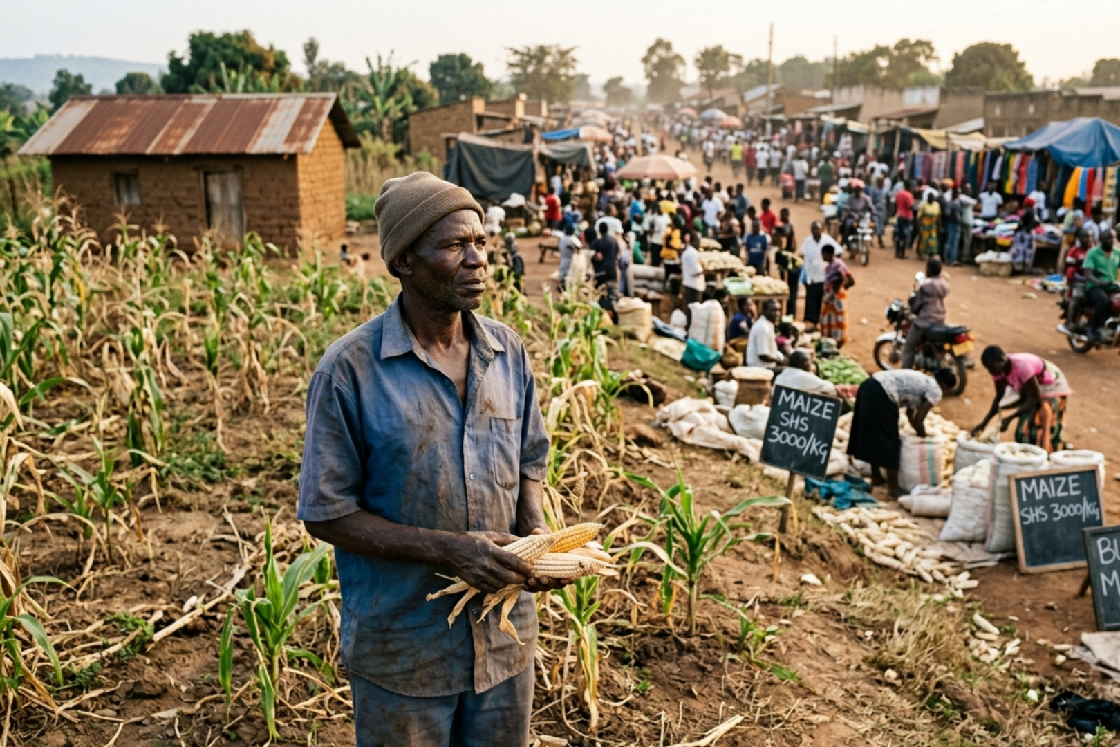 a farmer is standing in a market with his crops