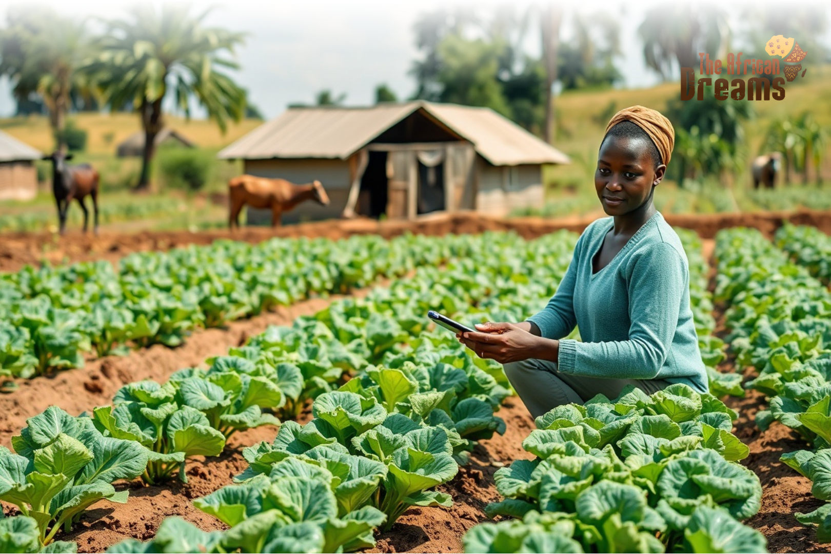 Woman kneeling in a cabbage field, looking at a smartphone, with huts and grazing horses in the background and a logo reading 'The African Dreams' in the upper right.