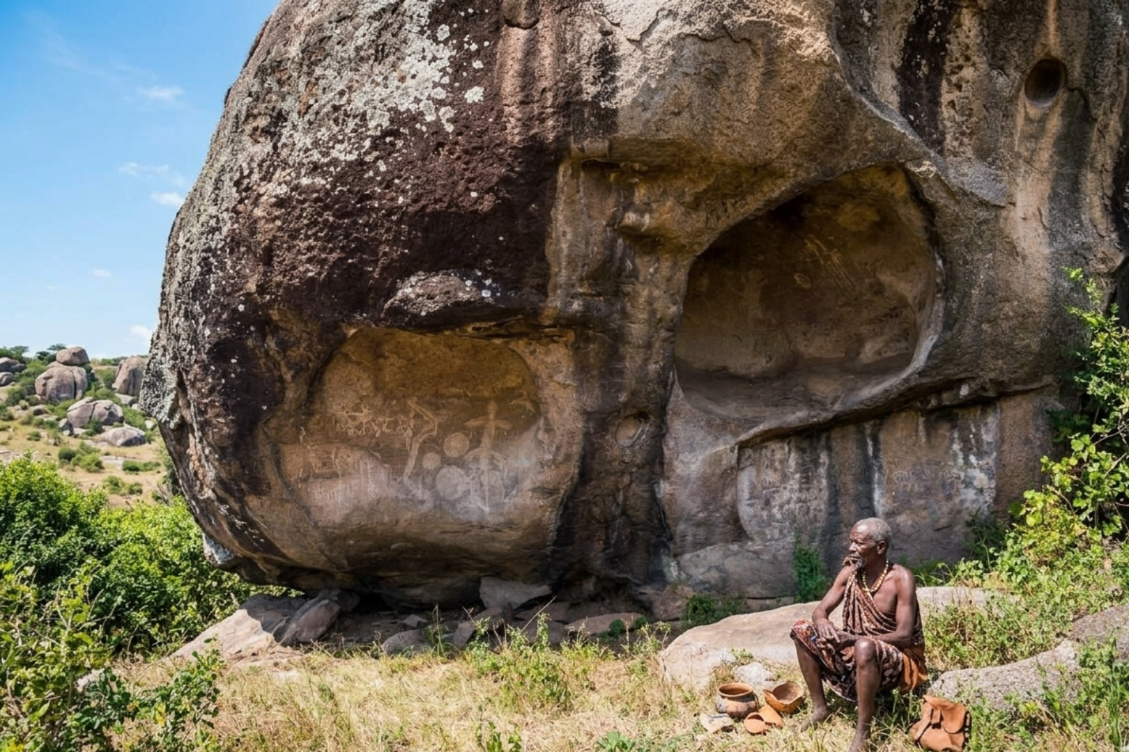 a old man is sat beside a big rock
