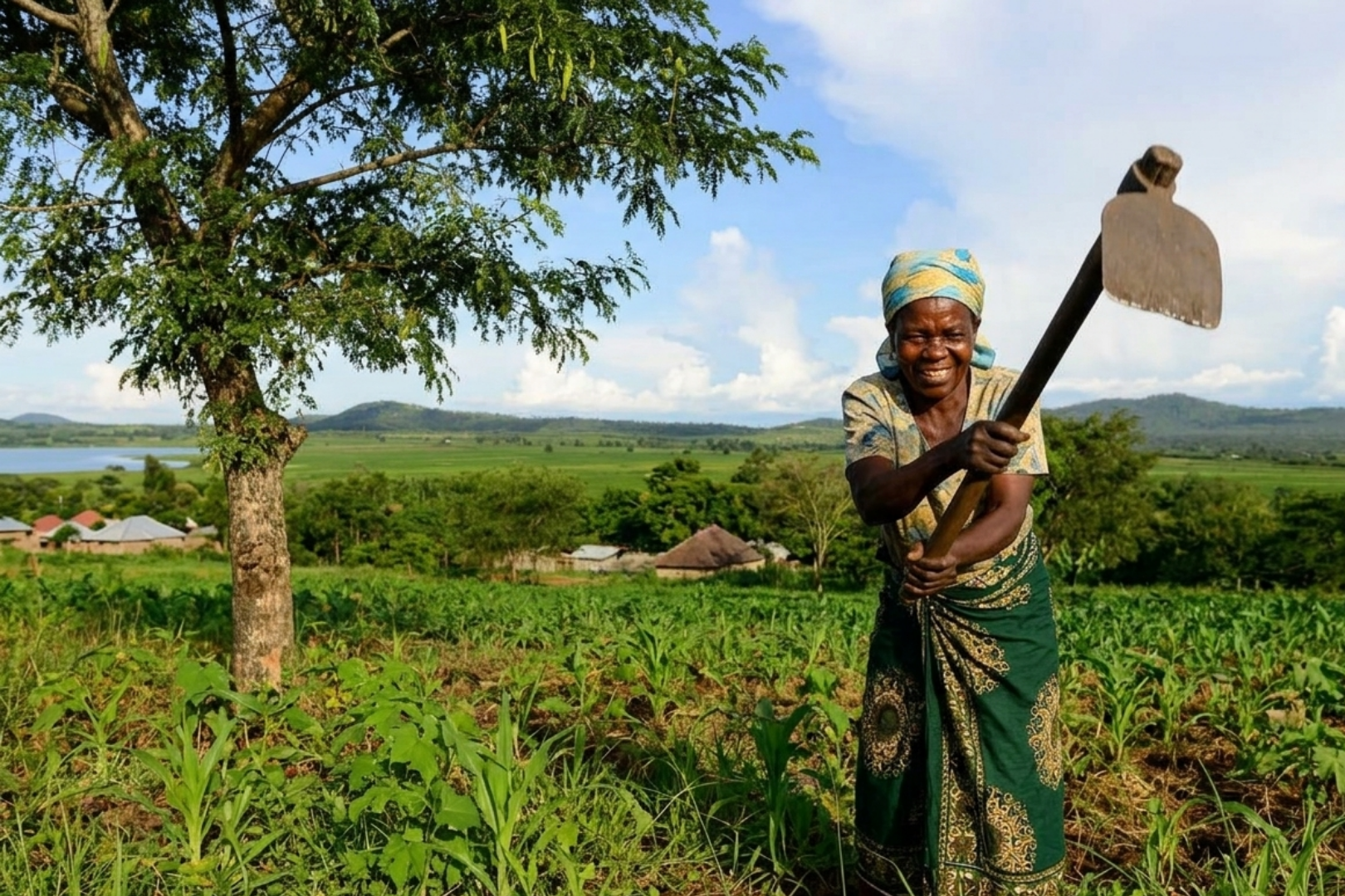 a woman is working on her land