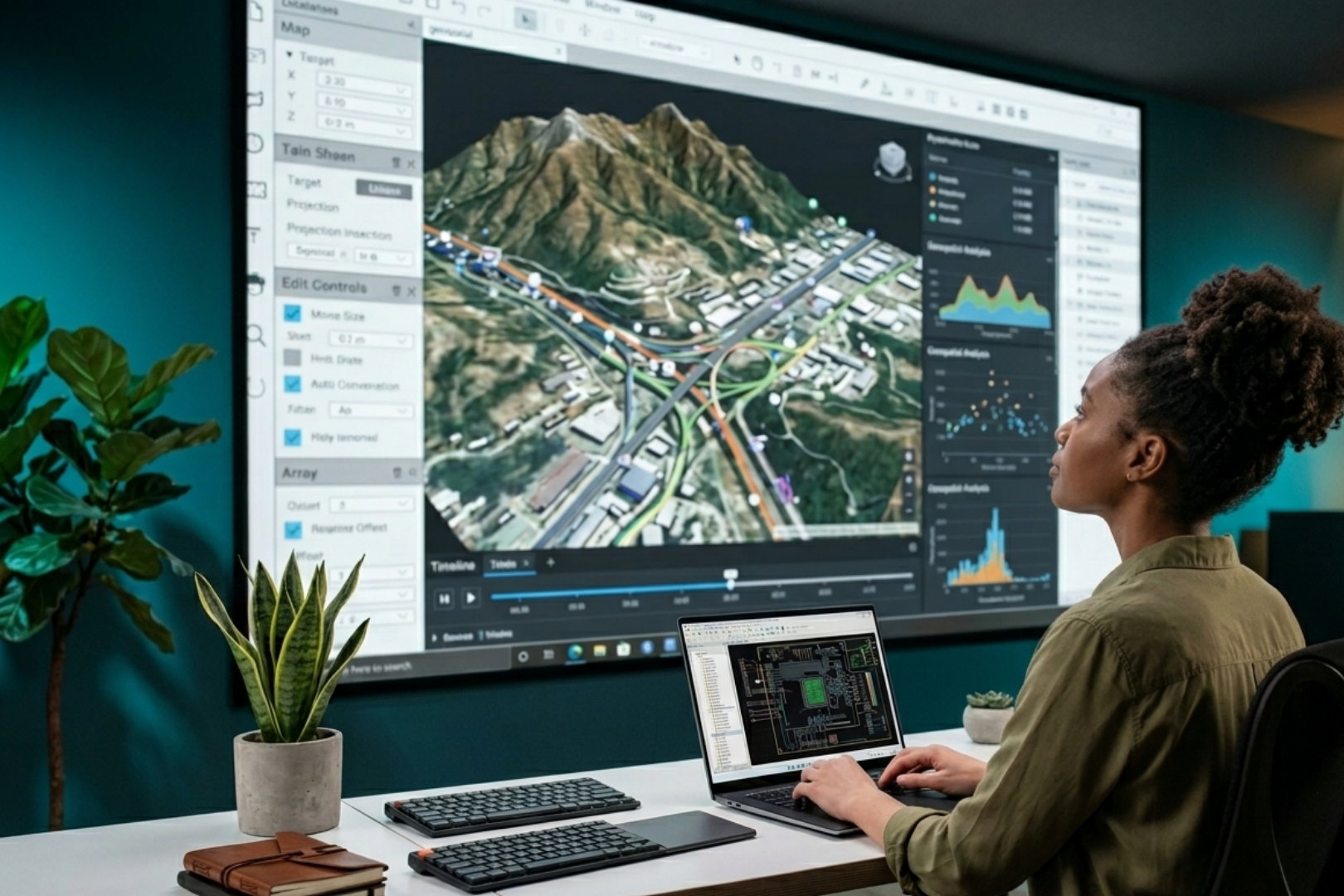 Woman seated at a desk, looking at a large monitor showing a 3D map and dashboards while using a laptop.