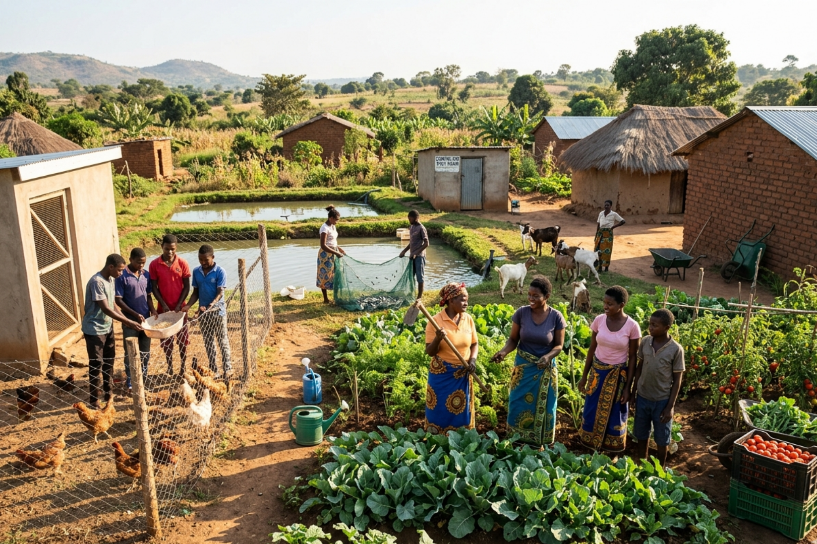 Group of villagers tending a vegetable garden beside a pond, with chickens in a fenced pen and huts in the background.