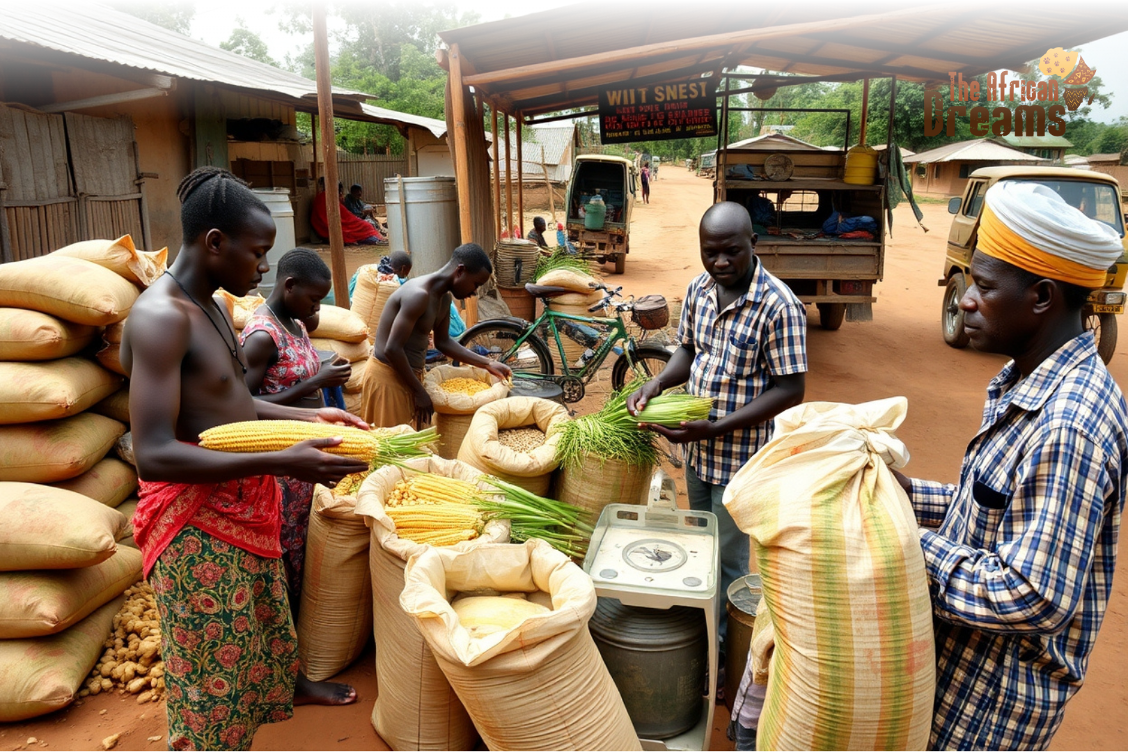 Group of villagers at a rural market weighing and packing corn and other sacks under a wooden canopy.