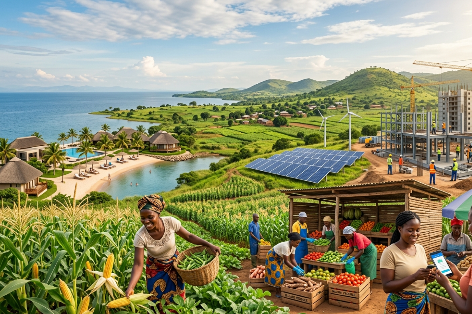 Coastal rural landscape with farms, a vegetable market, solar panels, wind turbines, and a building site in the hills by the sea.