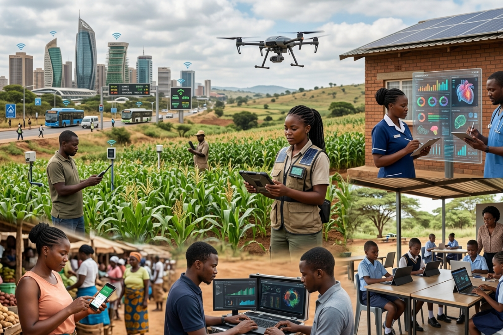 Drone over a maize field as people use tablets and laptops to monitor crops and data dashboards with a city skyline in the background