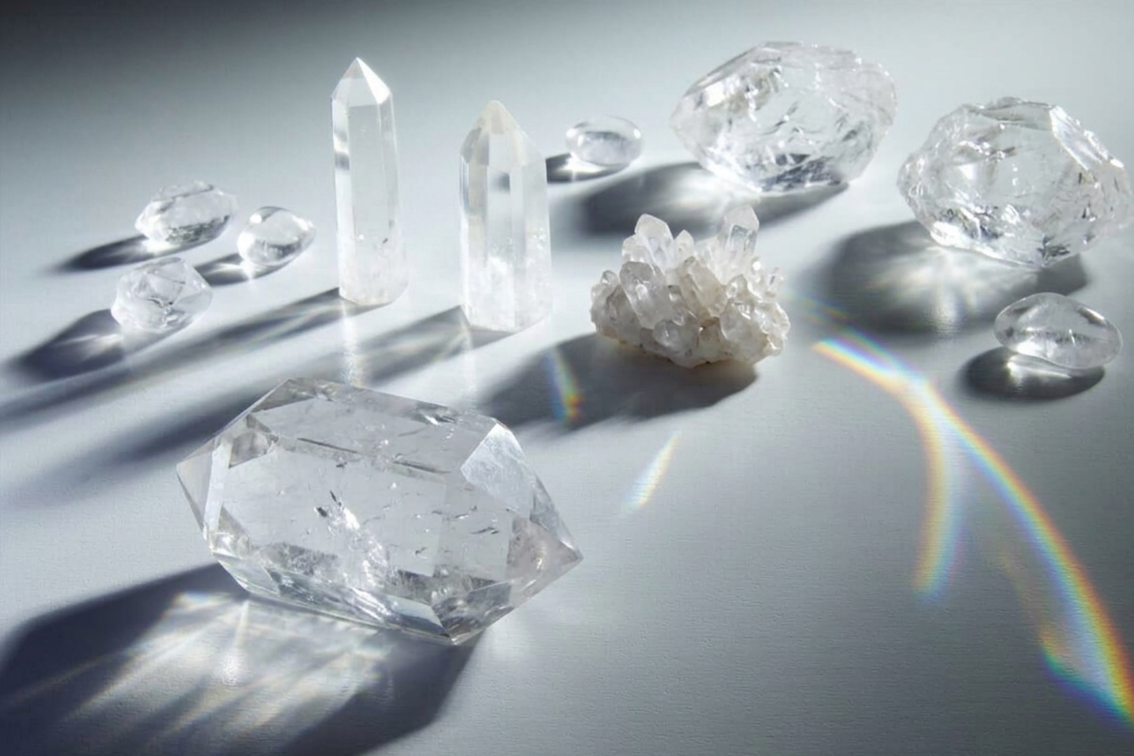 Clear crystals and quartz stones arranged on a pale surface, with rainbow light reflections